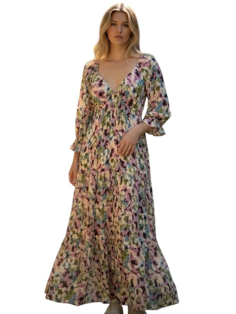 Shasa Floral Maxi Dress Womens M Boho Cottagecore Puff Sleeve Smocked Tiered